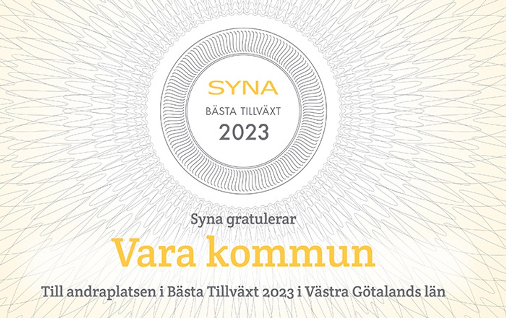 Diplom från Syna där Vara kommun gratuleras för andra platsen i Bästa Tillväxt 2023