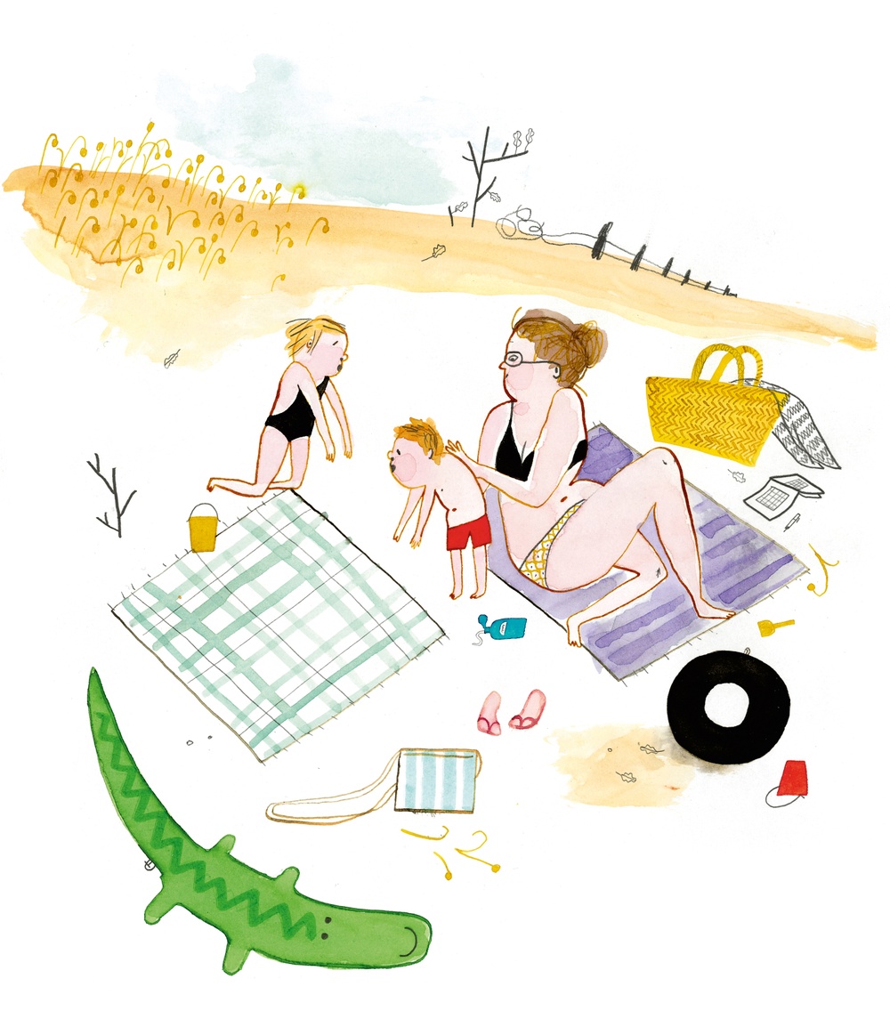 Illustration av Emma AdBåge till boken Vi hittar Smulbert, 2009
Vuxen och två barn på stranden