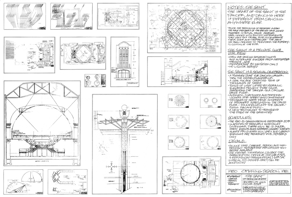'Blueprints of The Saint (invitation to the first event)' (1980) / Charles Terrell + Bruce Mailman. Courtesy of The Saint Foundation Archives. Exhibited in 'Cruising Pavilion: Architecture, Gay Sex and Cruising Culture' in Boxen at ArkDes.