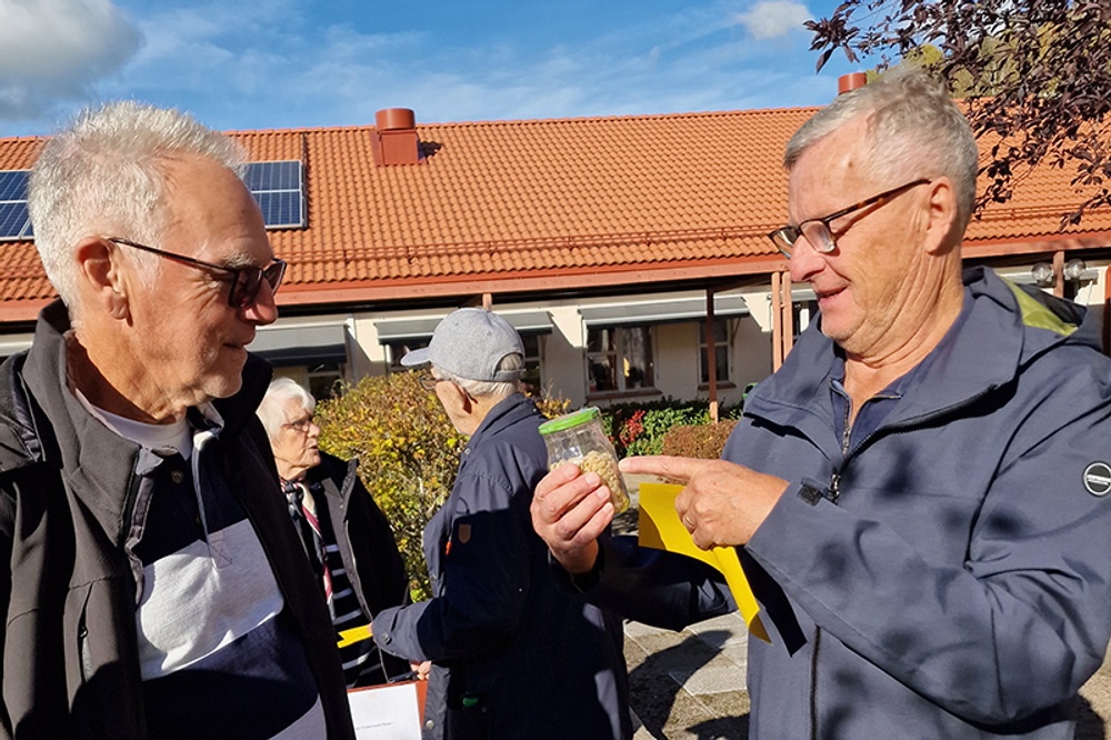 Två män går tipspromenad och tittar på en burk makaroner.