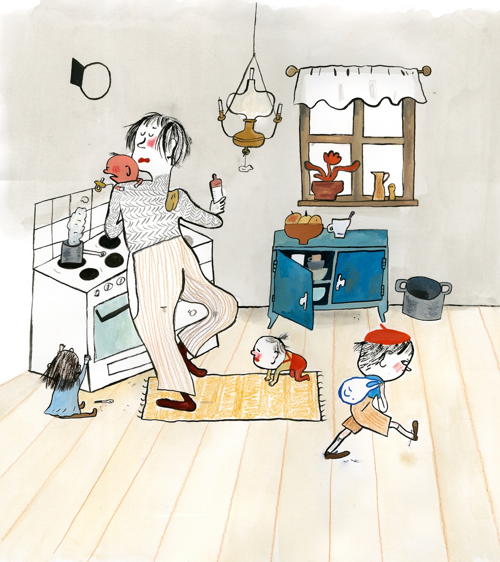 Illustration av Emma AdBåge till boken Knuttes hus, 2017, med text av Barbro Lindgren
Vuxen och tre barn i ett kök