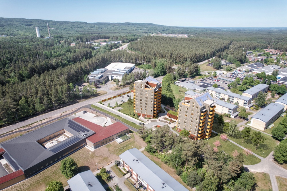 Visualisering ur fågelperspektiv på två byggnader och Södra Ryd.