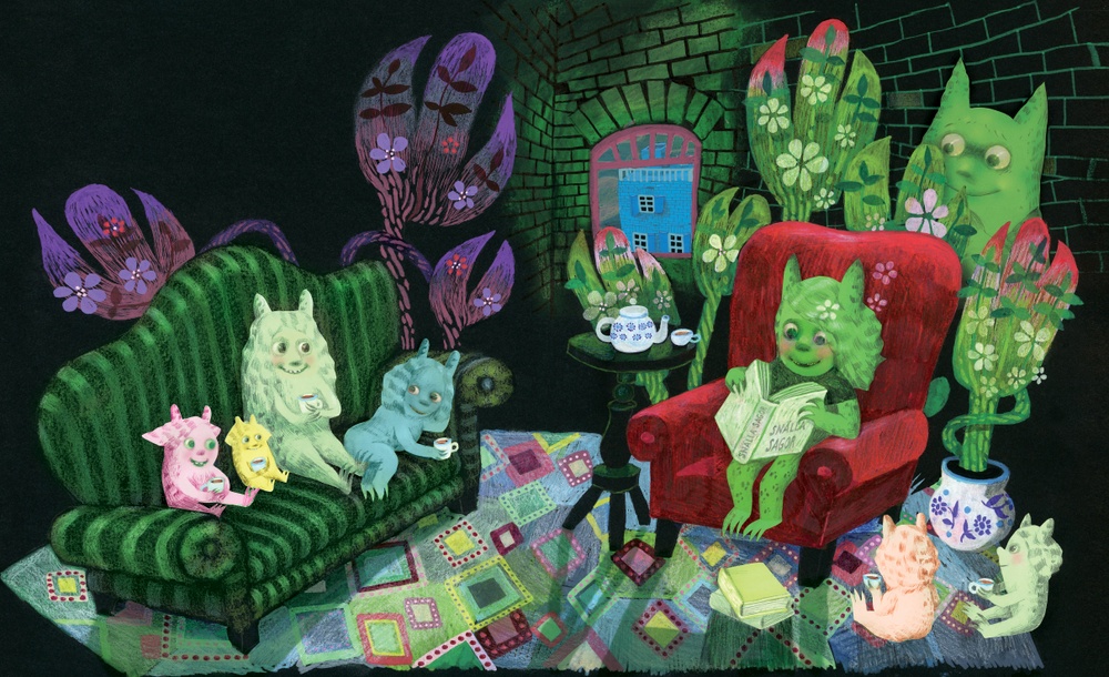 Bild av Lotta Geffenblad ur boken "Vi är monsterbarn" (2020). Gröna monsterbarn dricker te och läser saga. 