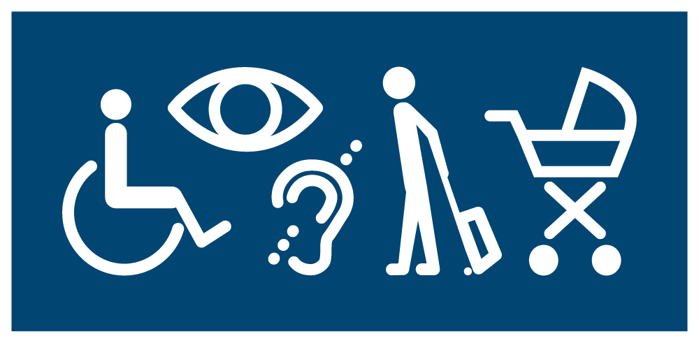 Bilden föreställer olika symboler som ett stiliserat öga, en person i rullstol, ett öra, en person med en väska, en barnvagn. Tillsammans ska de symbolisera anledningar när god tillgänglighet är viktigt. 