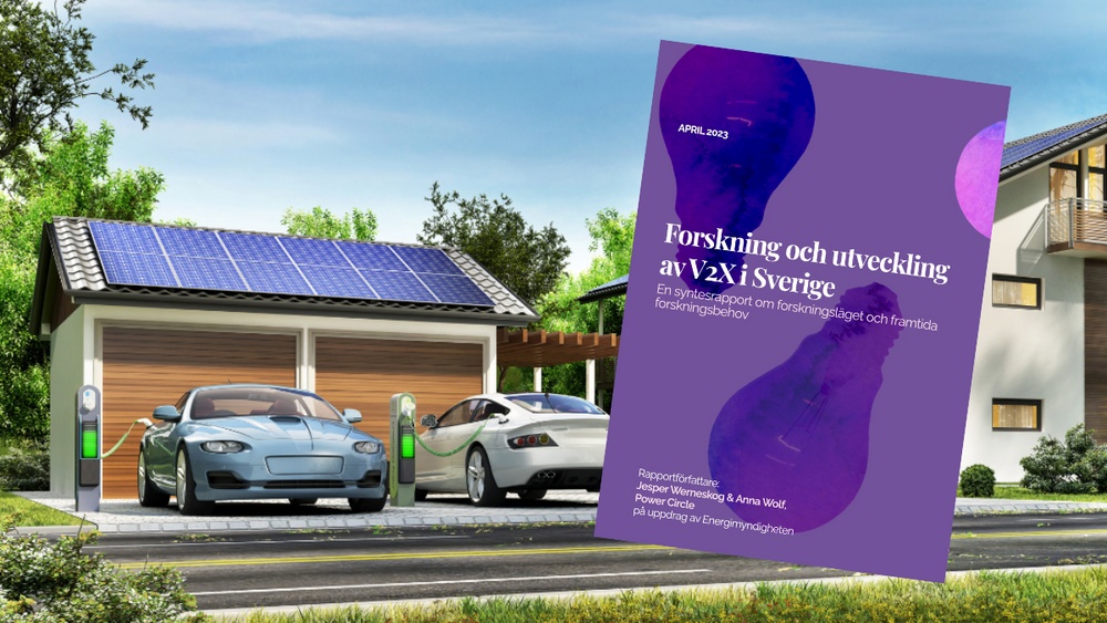Bilar laddar vid laddstolpar och en bild på framsidan av den nya syntesrapporten Forskning och utveckling av V2X i Sverige.