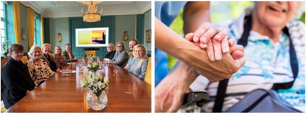 Personer runt ett mötesbord och en bild på en vårdare som håller en äldre persons hand.