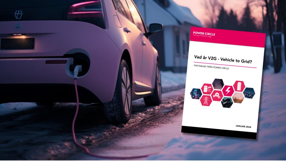 En laddbar bil och framsidan på rapporten "Vad är V2G?"