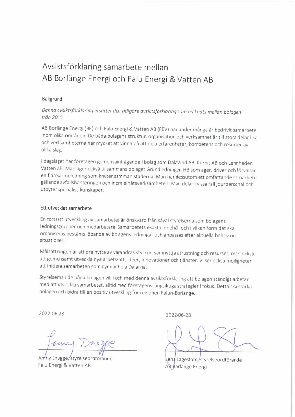 Signerad avsiktförklaring om fortsatt samarbete mellan Falu Energi & Vatten och Borlänge Energi