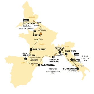 tourhub | Contiki | London to Rome Quest | Start London | Summer | 2024 | Tour Map
