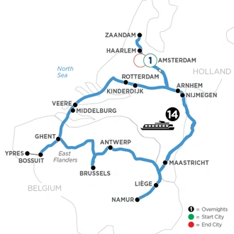 tourhub | Avalon Waterways | Grand Tulip Cruise of Holland & Belgium with 1 Night in Amsterdam (Tranquility II) | Tour Map
