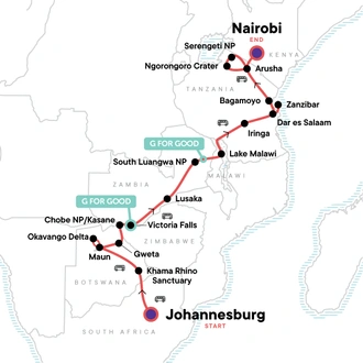 tourhub | G Adventures | Johannesburg to Nairobi Overland: Waterfalls & Beaches | Tour Map