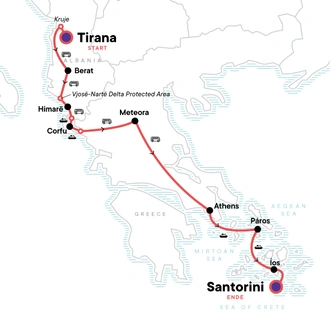 tourhub | G Adventures | Tirana to Santorini: The Albanian Riviera & Iconic Greek Islands | Tour Map