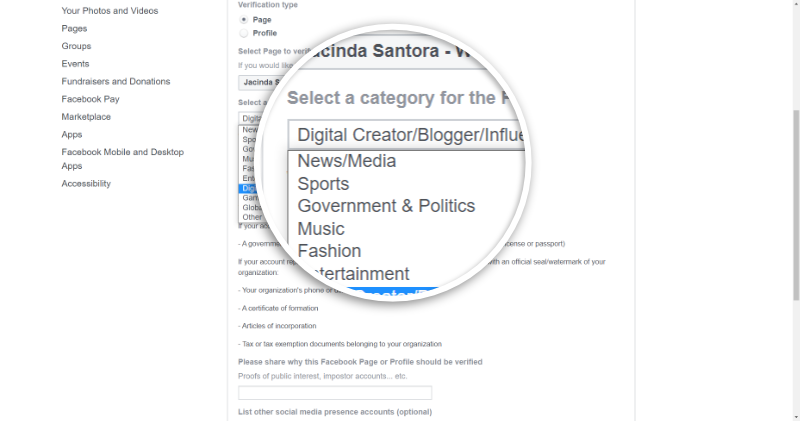 pilih kategori halaman facebook