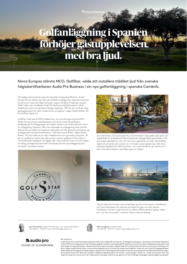 Pressrelease, Svensk, Audio Pro, GolfStar Cambrils