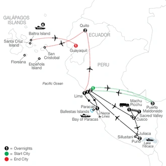 tourhub | Globus | Legacy of the Incas with Peru's Amazon & Galápagos Cruise | Tour Map