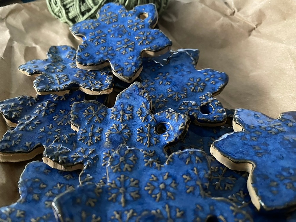 Blue embossed holiday ornaments