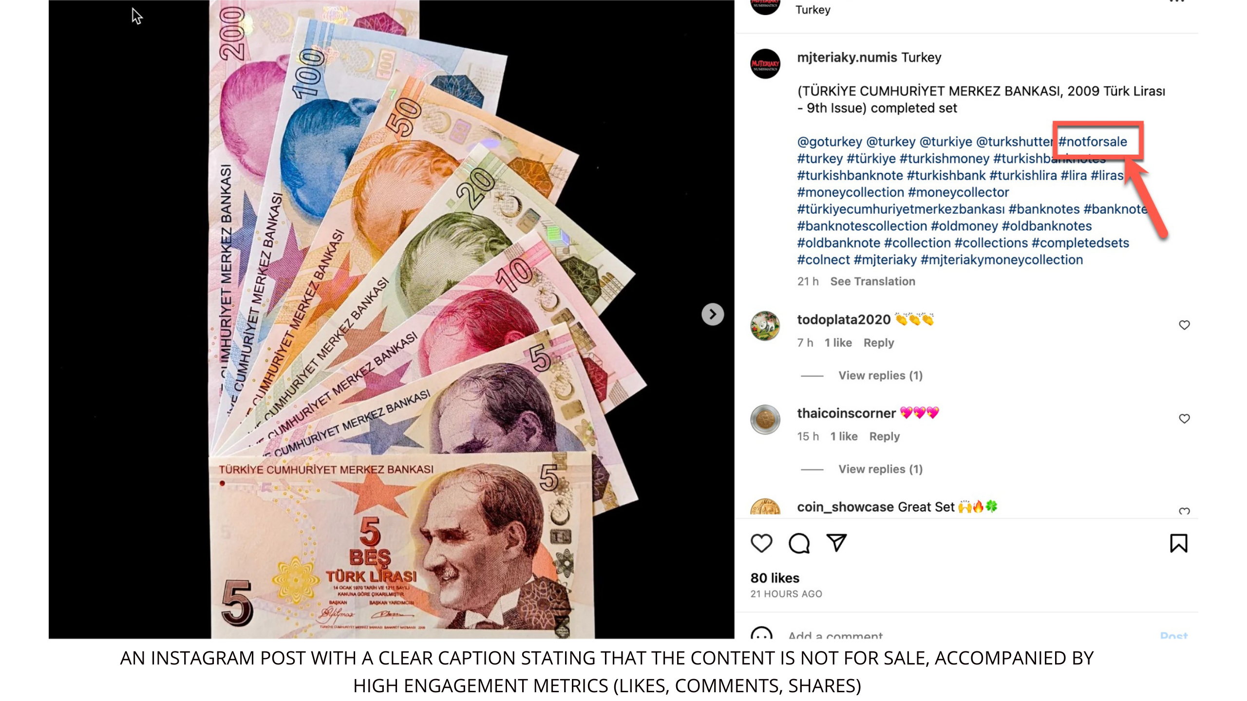 An Instagram post with a clear caption stating that the content is not for sale, accompanied by high engagement metrics (likes, comments, shares).