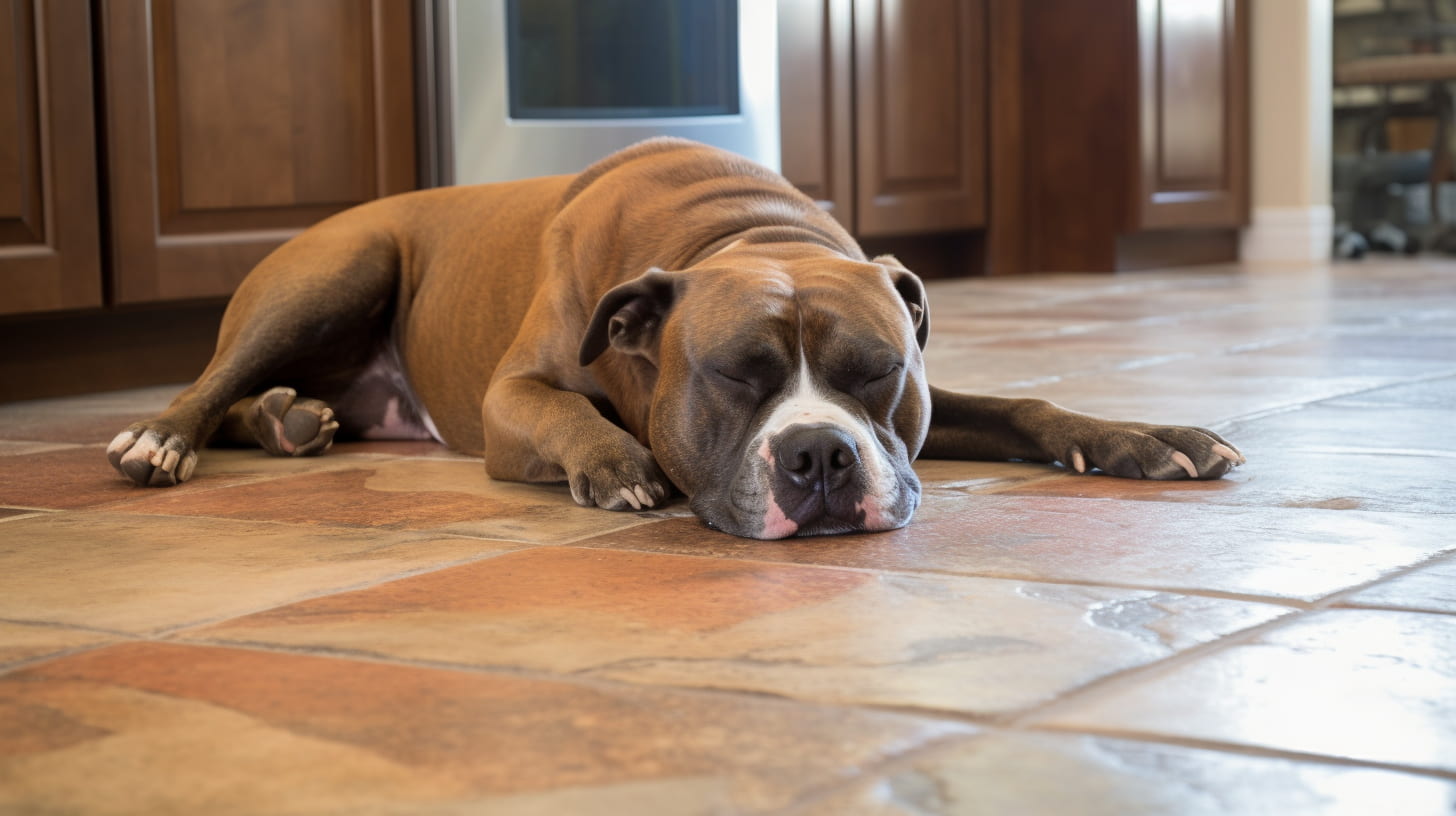 dog sleeping on kitchen floor