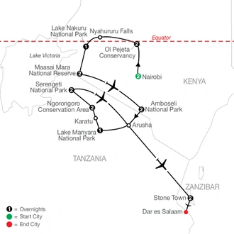 tourhub | Globus | Kenya & Tanzania: The Safari Experience with Nairobi & Zanzibar | Tour Map