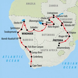 tourhub | On The Go Tours | Cape, Delta, Falls & Kruger (Accommodated)  - 25 days | Tour Map