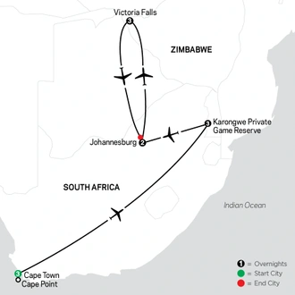 tourhub | Cosmos | Highlights of South Africa with Victoria Falls | Tour Map