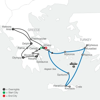 tourhub | Globus | Classical Greece with Iconic Aegean 3-Night Cruise | Tour Map