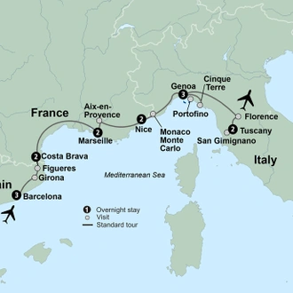 tourhub | Collette | Mediterranean Coastal Journey Spain, France & Italy | Tour Map