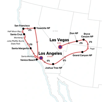 tourhub | G Adventures | USA Road Trip — Highway 1, Yosemite & Utah | Tour Map