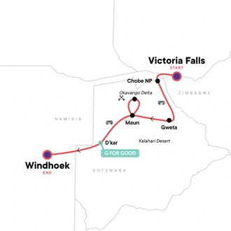 tourhub | G Adventures | Victoria Falls to Windhoek Overland Safari | Tour Map