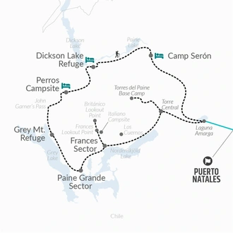 tourhub | Bamba Travel | Torres del Paine Guided O Trek 8D/7N | Tour Map