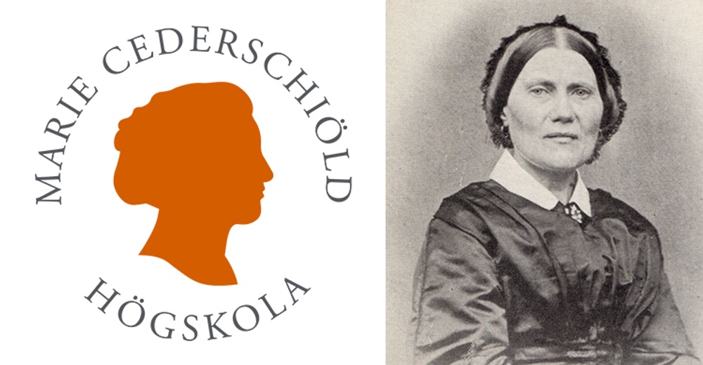 Den nya loggan för Marie Cederschiölds högskola  till vänster och ett foto av Marie Cederschiöld till höger. 