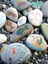 Variety of round rocks on a rock beach, each hand-drawn with a colorful scene