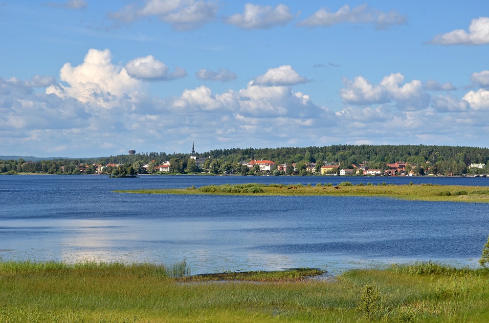 Vy över Lindesbergs stad från andra sidan Lindessjön.