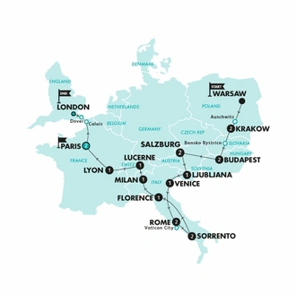 tourhub | Contiki | Warsaw to London Vistas | Winter | 2024/2025 | Tour Map