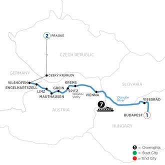 tourhub | Avalon Waterways | Active & Discovery on the Danube with 2 Nights in Prague & 1 Night in Budapest (Eastbound) (View) | Tour Map