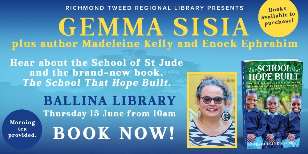 Gemma Sisia plus author Madeleine Kelly and Enock Ephrahim at Ballina Library