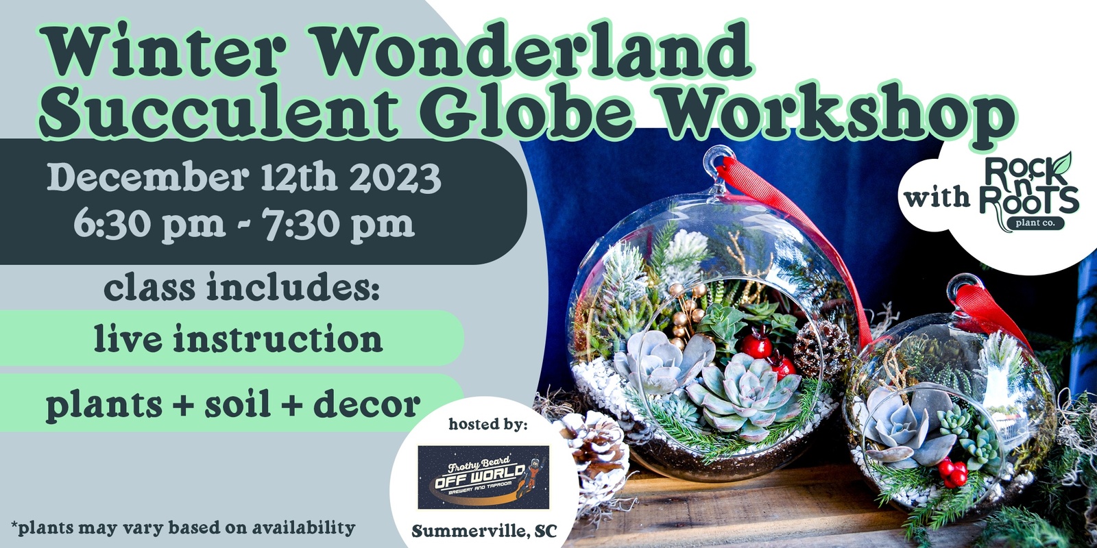 Banner image for Winter Wonderland Holiday Globe Workshop at Frothy Beard Off World (Summerville, SC)