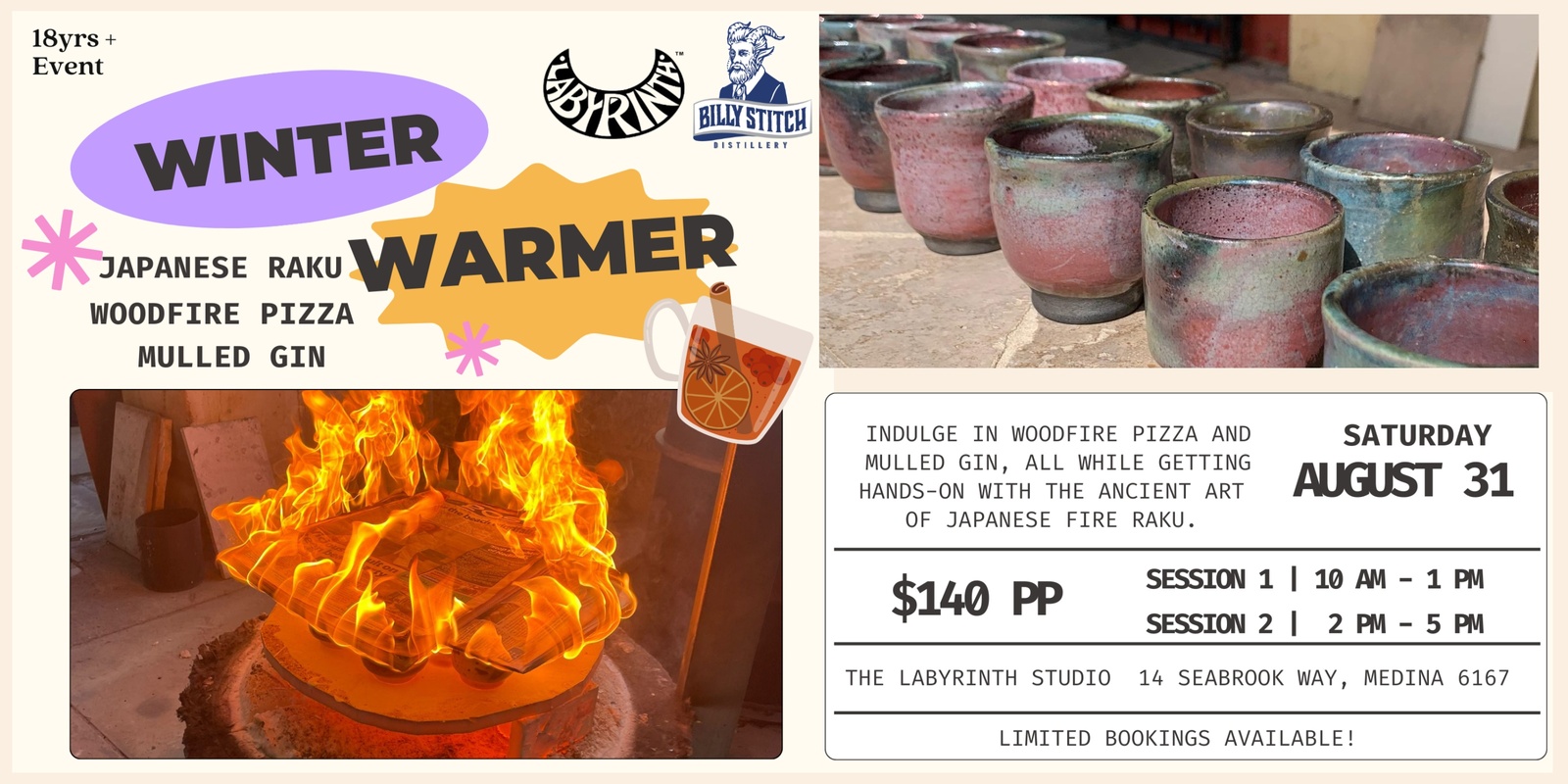 Banner image for Raku Winter Warmer Special; Pottery, Mulled Gin & Woodfired Pizza 
