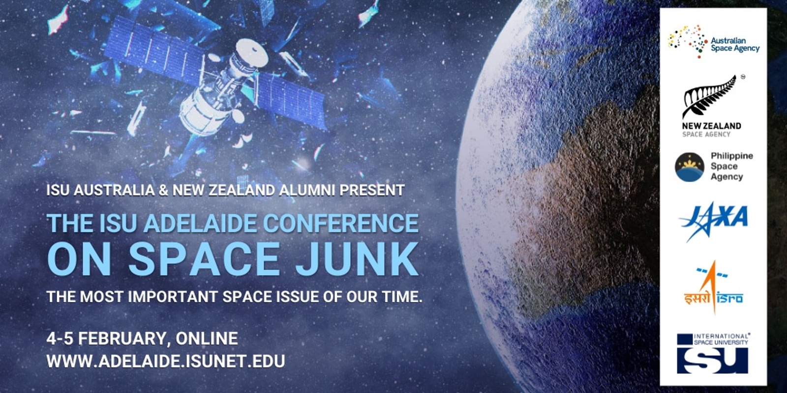 Banner image for 2022 ISU Adelaide Conference on Space Junk and Overcrowding of the Skies (ONLINE)