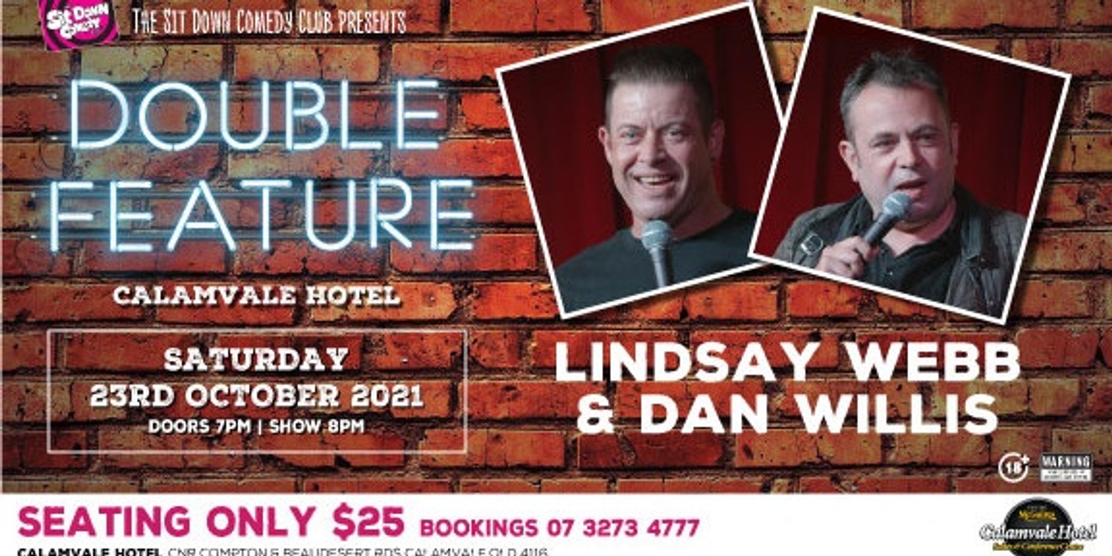 Banner image for Sit Down Comedy Club Double Feature at the Calamvale Hotel - Saturday 23rd October