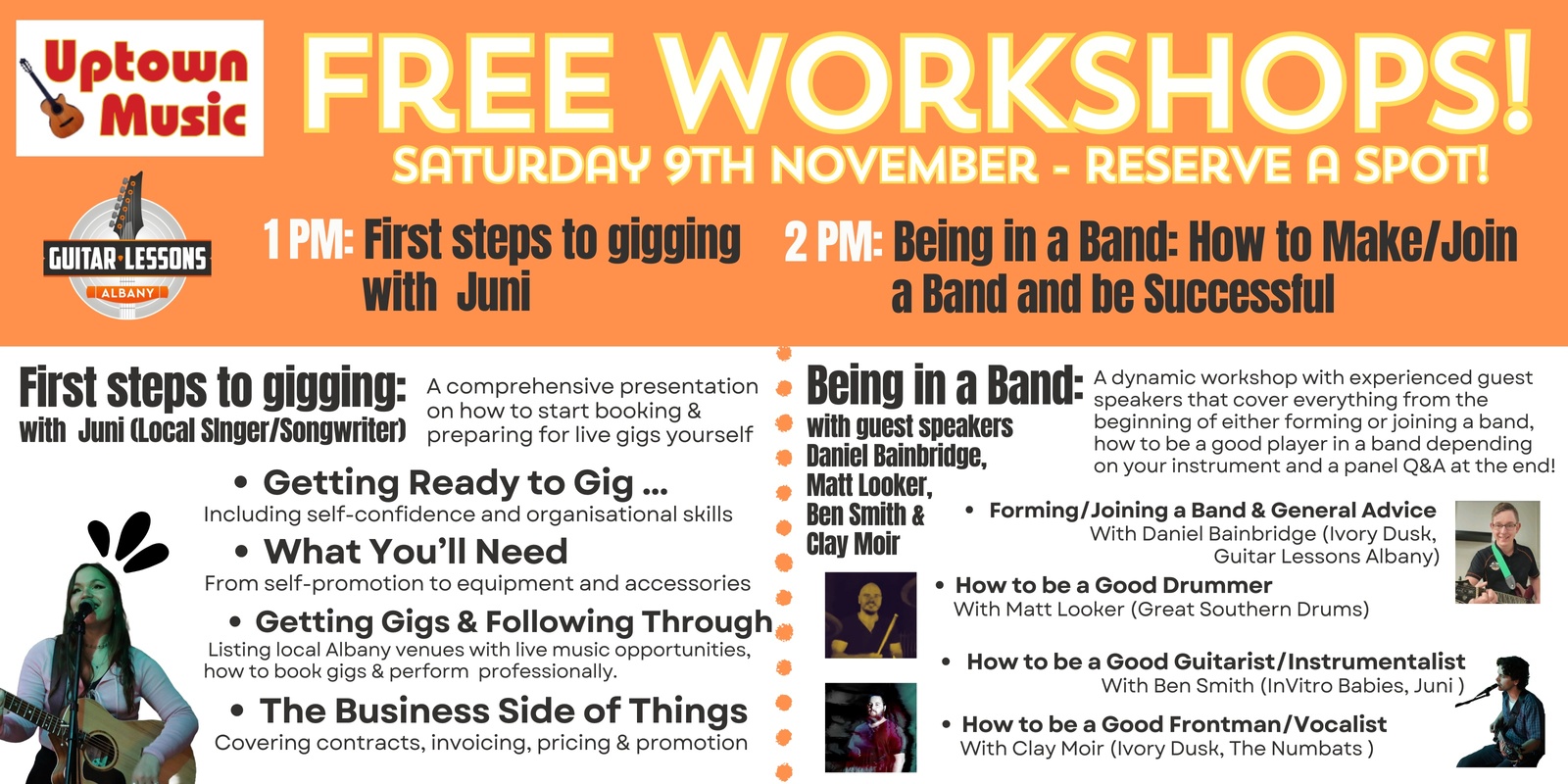 Banner image for Free Workshops @ Uptown Music: First Steps to Gigging and Being in a Band