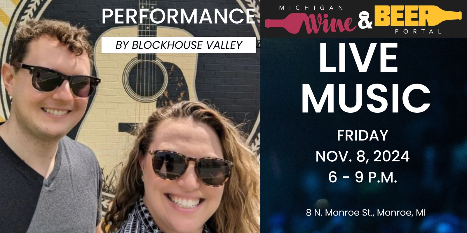 Banner image for LIVE Music by Blockhouse Valley at the Michigan Wine and Beer Portal on Friday, Nov. 8, 2024 from 6 to 9 p,.m.