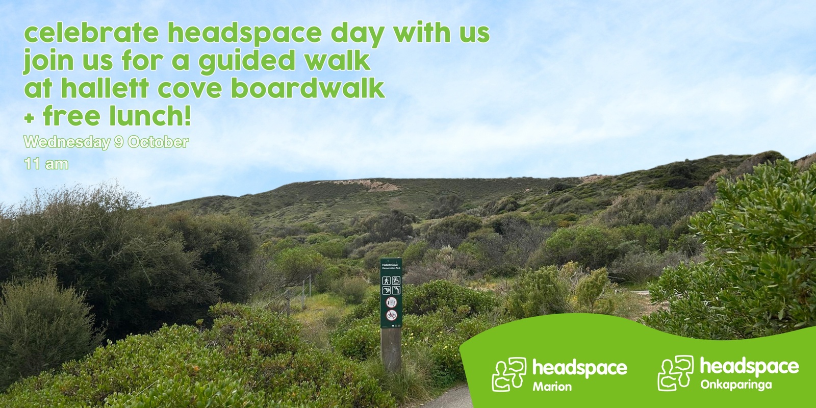 Banner image for celebrate headspace day with us: join a guided walk at Hallett Cove Boardwalk + enjoy a free lunch! 