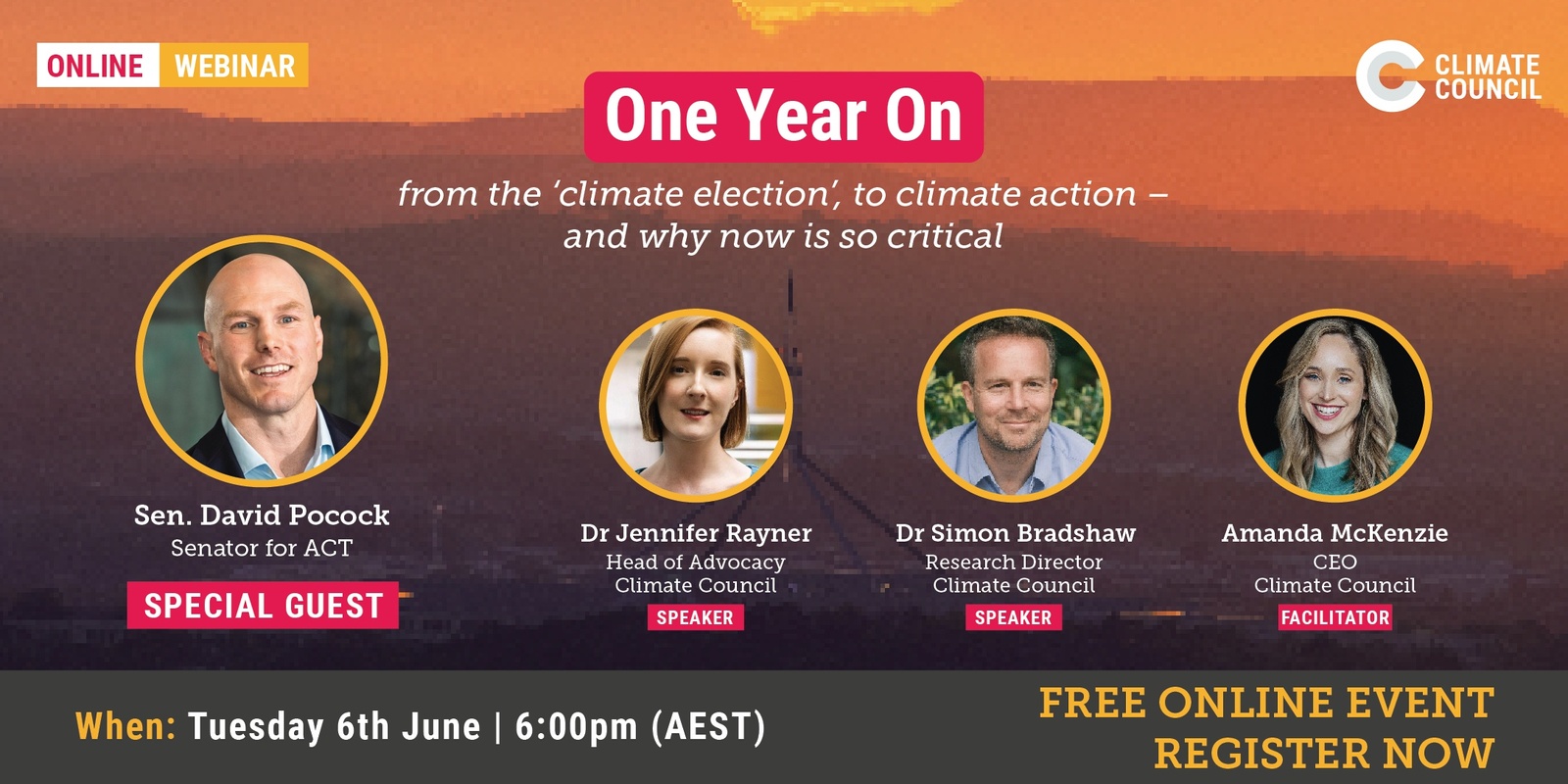 Banner image for Climate Council Webinar - One Year On: from the 'climate election', to climate action - and why now is so critical