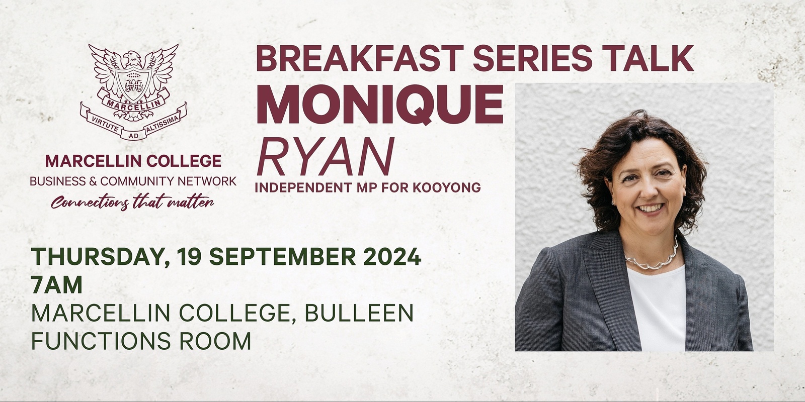 Banner image for Marcellin Business & Community Network Breakfast Series with Independent MP Monique Ryan