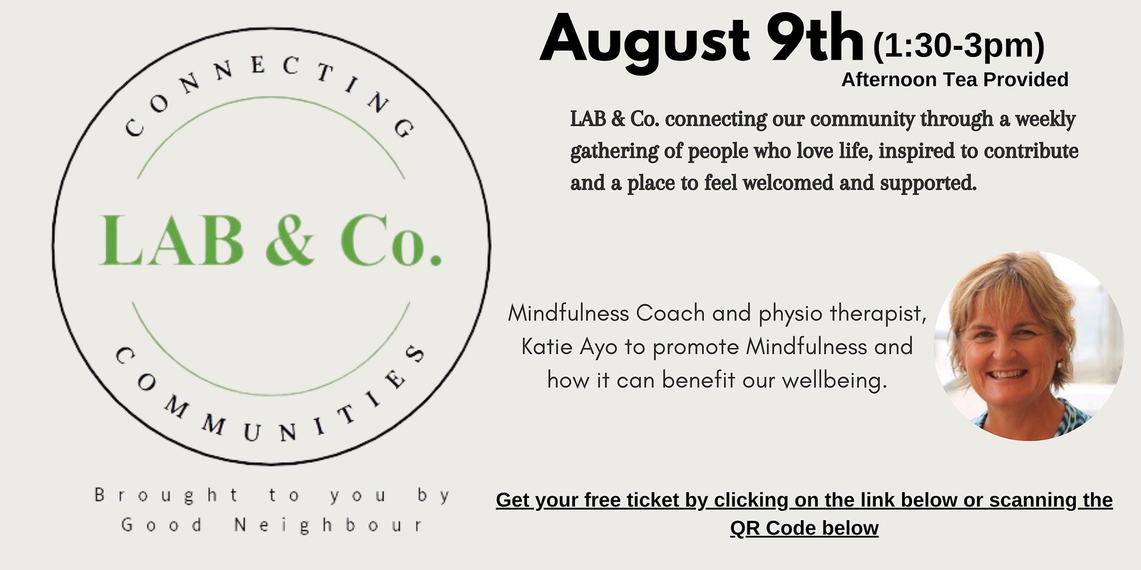 Banner image for LAB & Co. Proudly Brought to you By Good Neighbour - Guest Katie Ayo Mindfulness Coach & physio therapist