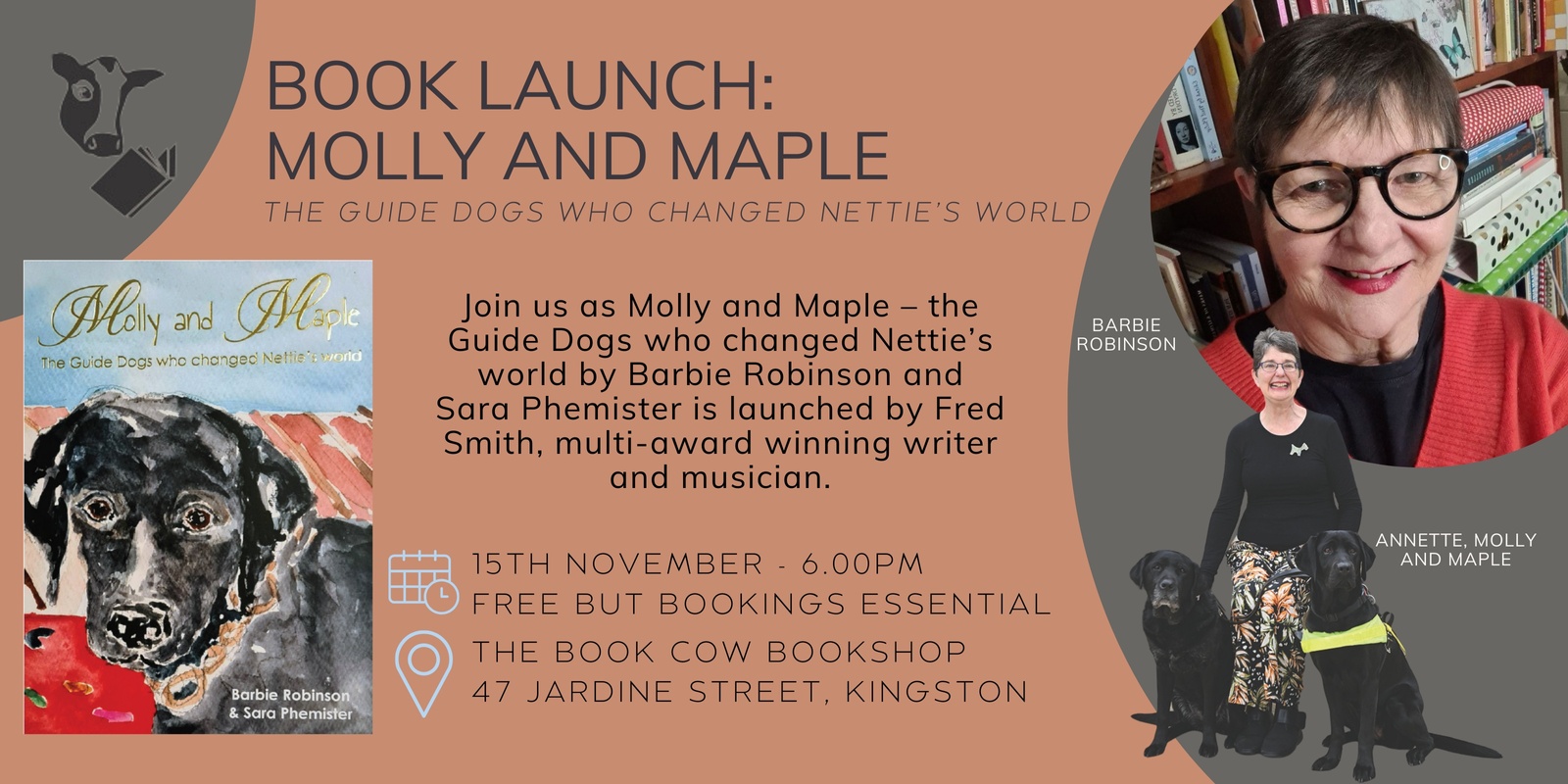 Banner image for Book Launch: Molly and Maple – the Guide Dogs who changed Nettie’s world by Barbie Robinson and Sara Phemister