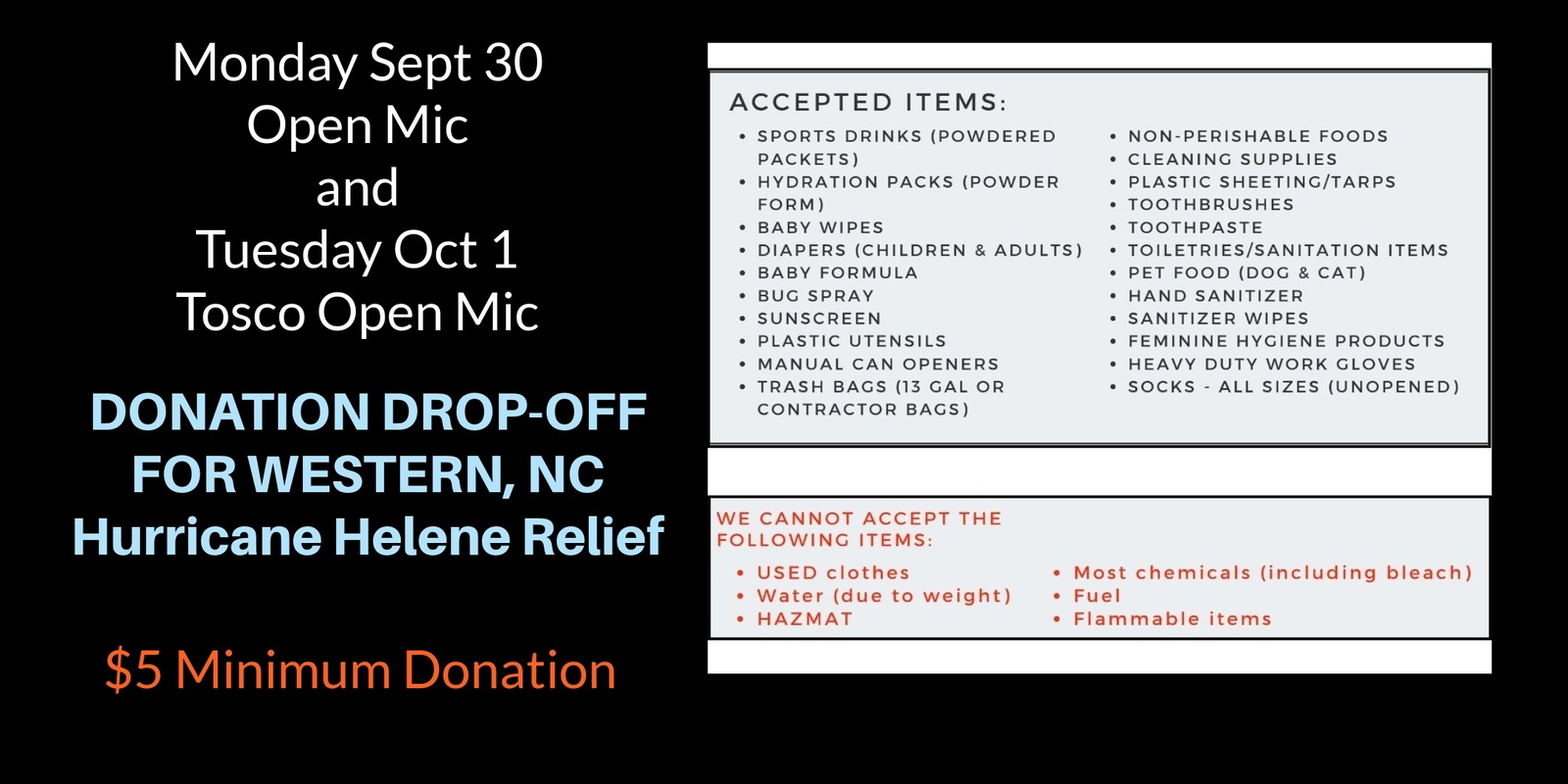 Banner image for Tosco Music Open Mic - WESTERN NC HURRICANE HELENE RELIEF