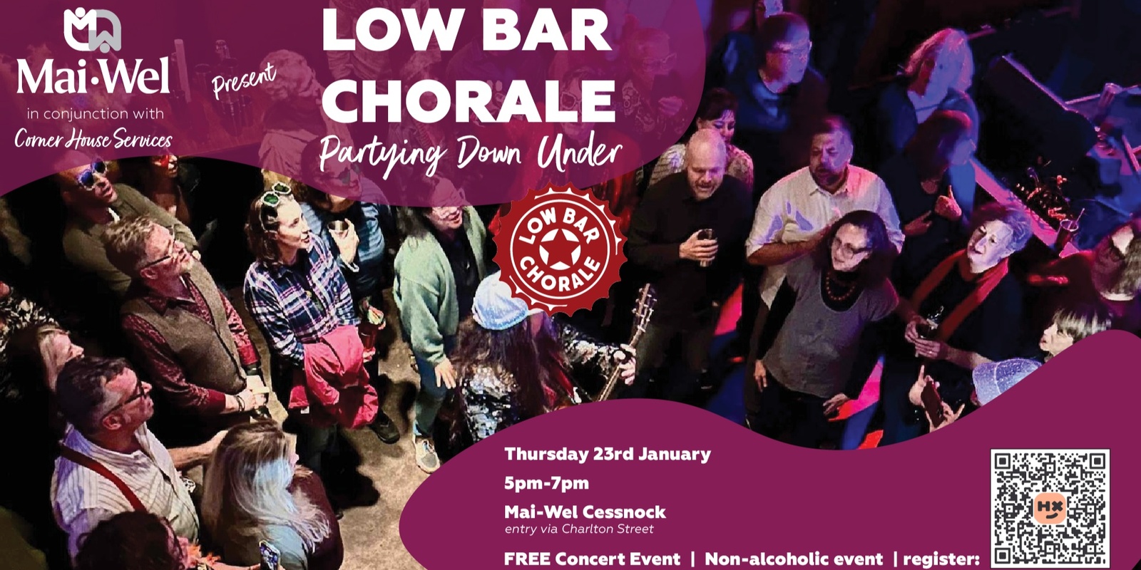 Banner image for Mai-Wel in partnership with Corner House Services presents Low Bar Chorale 'Partying Down Under"