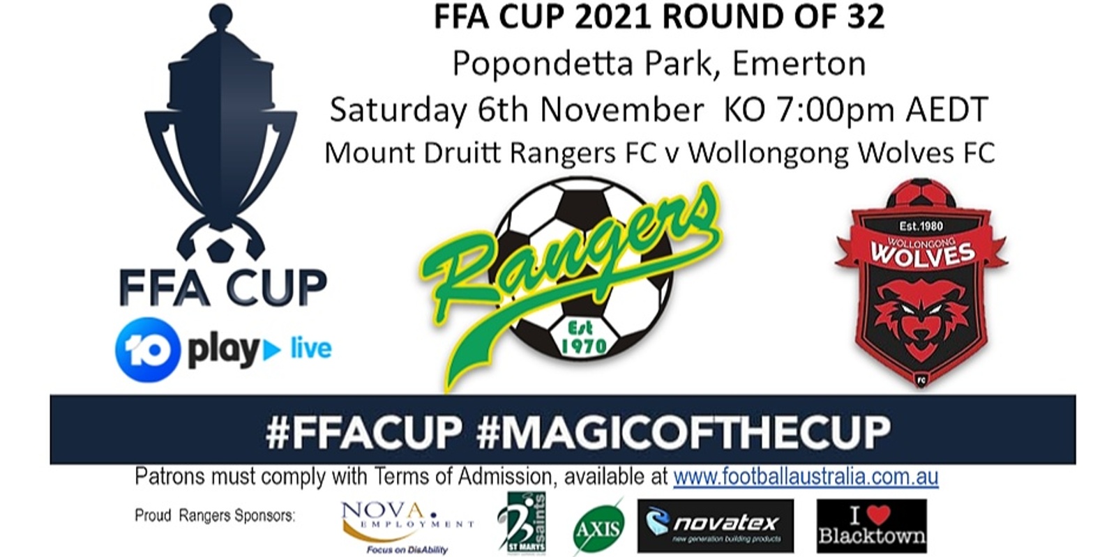 Banner image for FFA Cup 2021 Round of 32  Mount Druitt Rangers FC v Wollongong Wolves FC